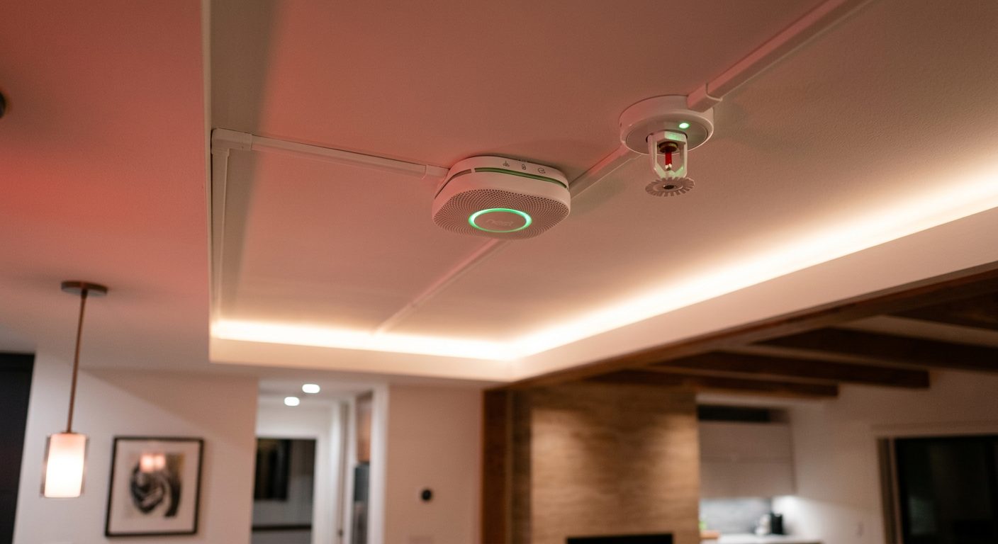 Modern home fire safety detectors and sprinklers